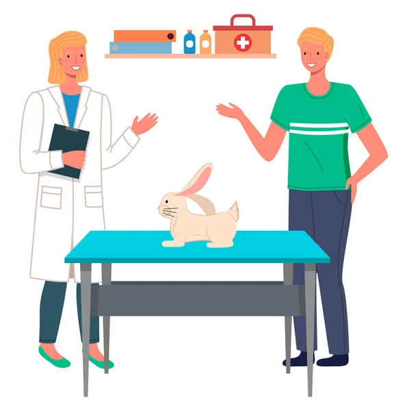 Ветеринарная помощь плоская иллюстрация. Ветеринарная женщина встречает мужчину с кроликом в медицинском кабинете — стоковый вектор