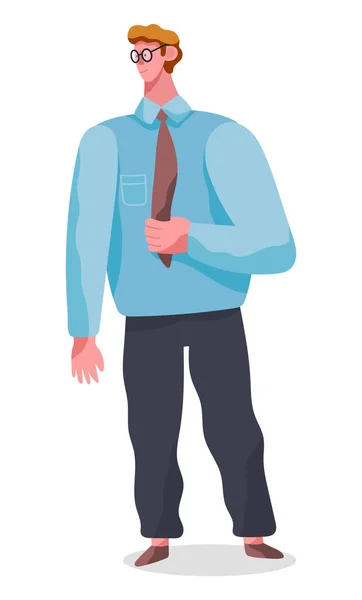 Hombre guapo joven hombre de negocios vestido con camisa azul con corbata y pantalones oscuros de pie a toda altura — Vector de stock