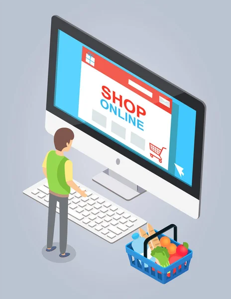 Concepto de tienda online. Hombre comprador selecciona un producto en un sitio web de la tienda en una pantalla de ordenador — Archivo Imágenes Vectoriales