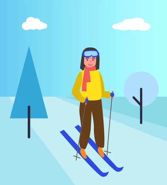 Emberek síelnek, téli tájat terveznek. Meleg ruhás lány áll egy havas hegyen. — Stock Vector