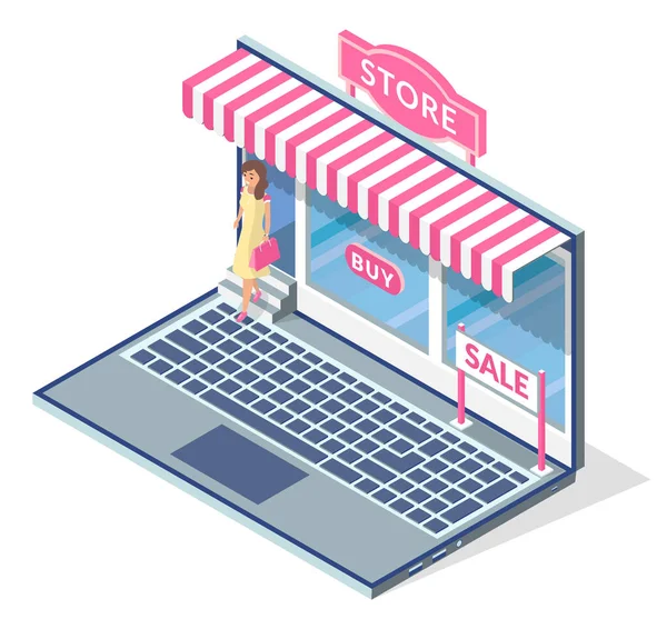 Conceito de compras online. laptop aberto com toldo, cliente menina saindo segurando saco na mão —  Vetores de Stock