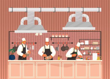 Şef aşçı karakterleri iş başında. Çizgi film şefi restoran mutfağında yemek pişiriyor.