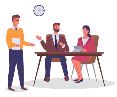 İş toplantısı ve iş meselelerinin değerlendirilmesi. Ofis çalışanları konuşuyor, iletişim kuruyor