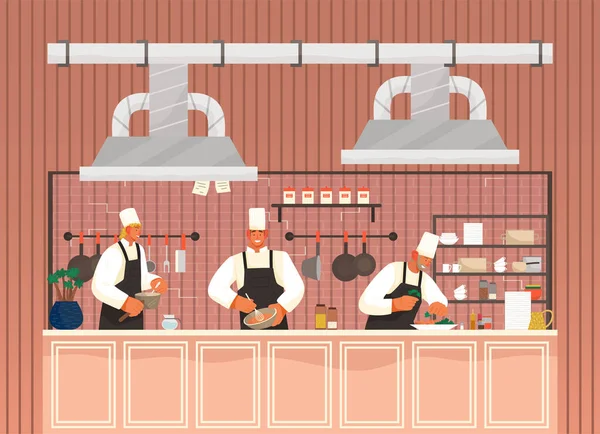Personnages de cuisinière en chef au travail. Chef de bande dessinée cuisine dans la cuisine professionnelle restaurant — Image vectorielle