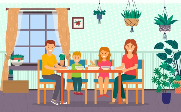 Joyeux repas de famille dans la cuisine. Membres de la famille assis ensemble à la table et dînant — Image vectorielle