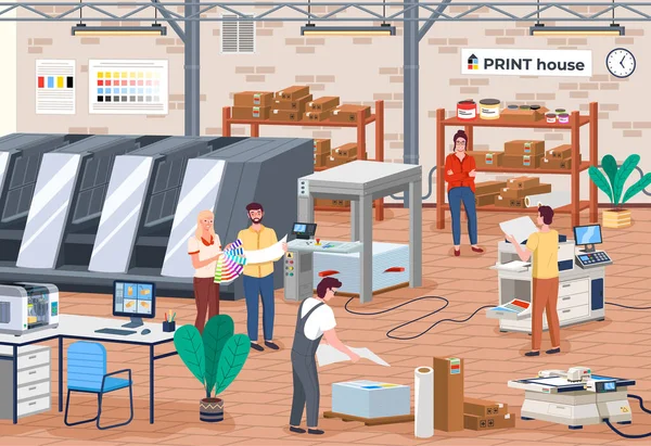 Equipo de imprenta. Plotter de impresora, máquinas de corte offset, trabajadores y trabajadoras en imprenta — Vector de stock