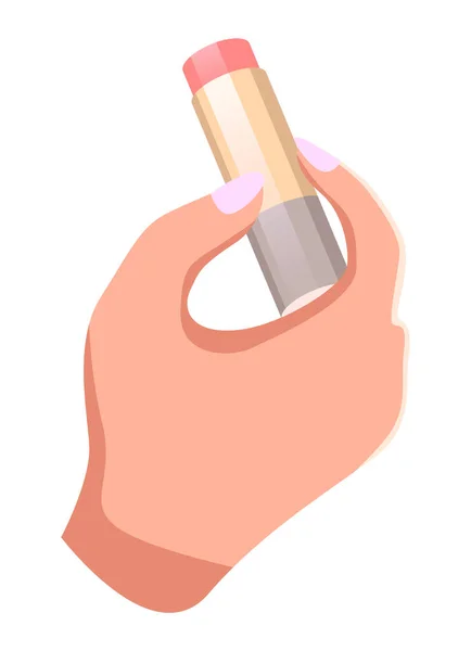 Elegante mano de mujer sosteniendo un lápiz labial rojo. Concepto de belleza. Producto cosmético aislado en blanco — Archivo Imágenes Vectoriales