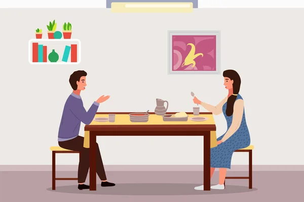 Couple is eating indian food. Characters in relationship are having date in their apartment — Stock Vector