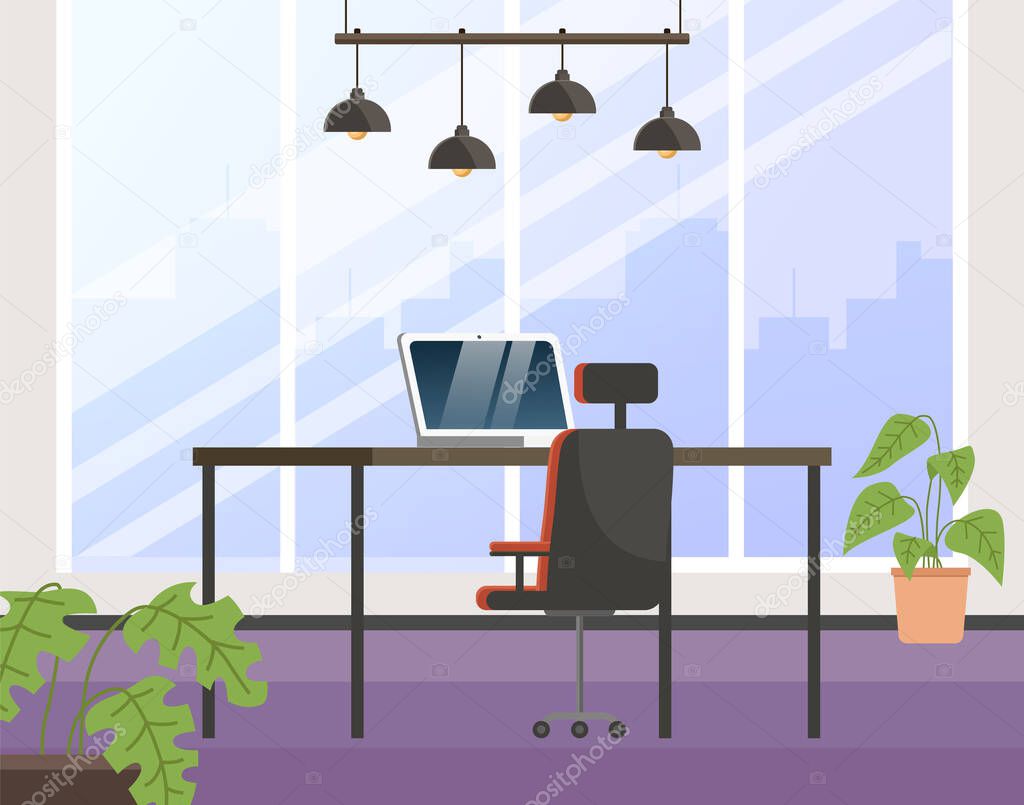 Office employee workplace design flat vector illustration. Furniture for comfortable work at home