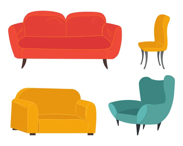 Cushioned furniture multicolored set. Sofa and armchair living room furniture modern design