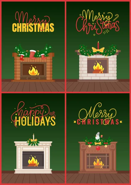 Merry Christmas Greetings, Luxury Fireplaces — Stock Vector