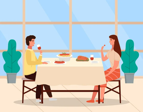 Couple is eating italian food. Young characters are having dinner in the restaurant together — Stock Vector