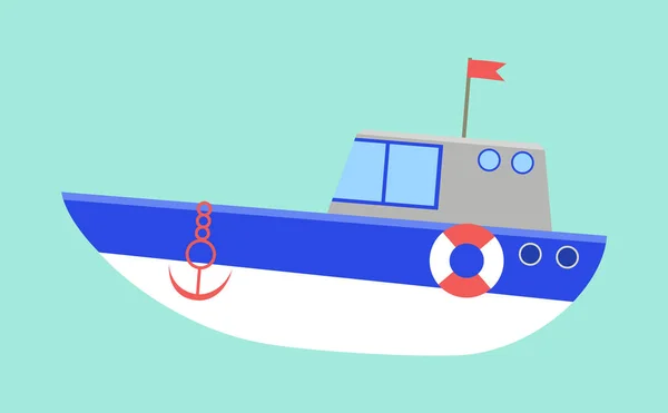 Transporte marítimo aislado sobre un fondo azul. Barco con ilustración de ancla y vector de cabina — Vector de stock