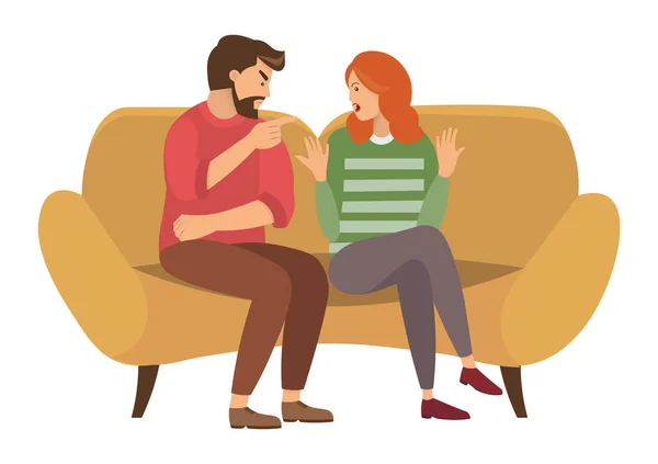 A man and a woman are sitting on a large sofa. A couple of people quarrels sitting on the couch — Stock Vector