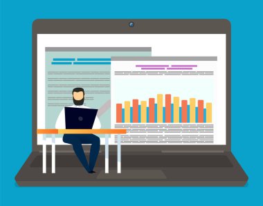 Adam bilgisayar ekranında diğer insanlarla konuşuyor. Konferans görüntüsü, laptoptan çalışıyor.