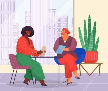 İş toplantısı, ofis çalışma alanında çalışma süreci. Kadın patron sandalyeye oturmuş belge okuyor.