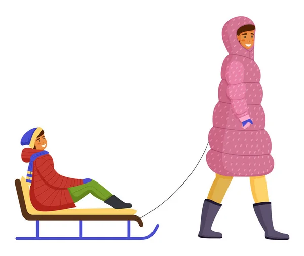 Anya és lánya téli sétán. Egy nő szánkózik egy gyerekkel. Együtt sétáló családtagok — Stock Vector