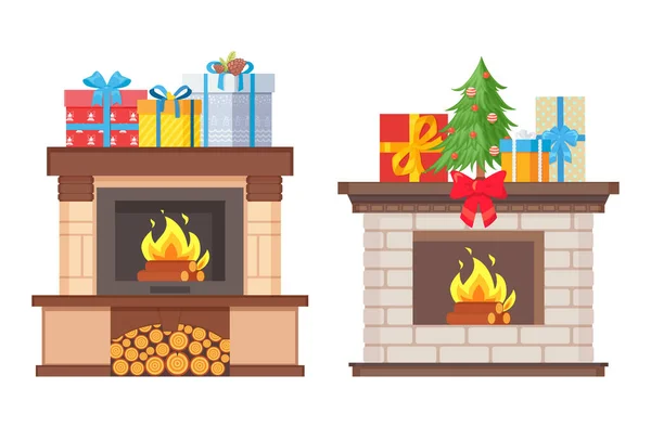 Open haard Decoratie Kerst Winter Vakantie Set — Stockvector