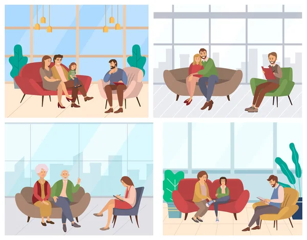 Serie di foto di sedute di psicoterapia. Personaggi seduti alla reception di uno specialista — Vettoriale Stock