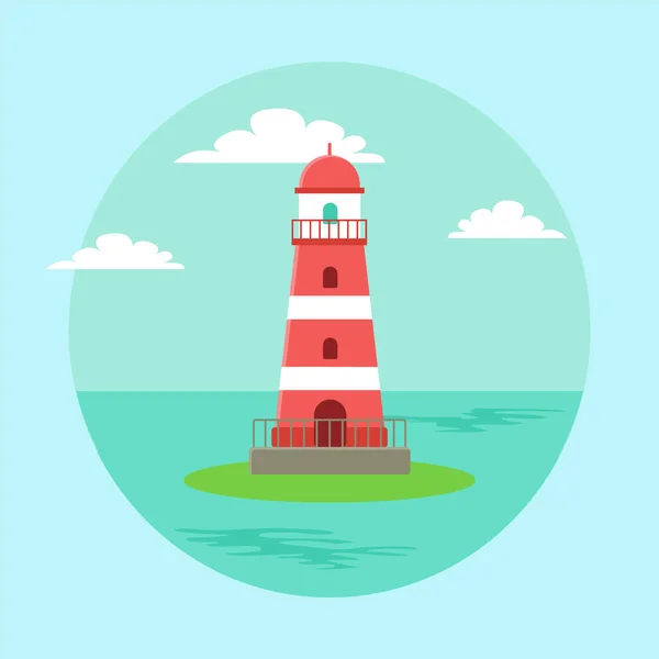 Vuurtoren blauwe zeegezicht horizon overdag. Baken omgeven door zeewater vector illustratie — Stockvector