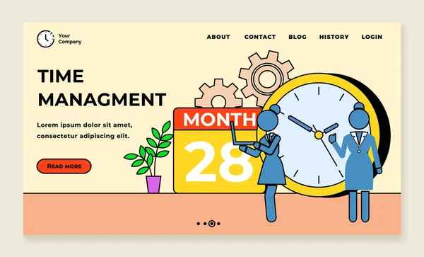 Tidshantering landningssida mall. Affärskvinna tecken gör organisation och planering — Stock vektor