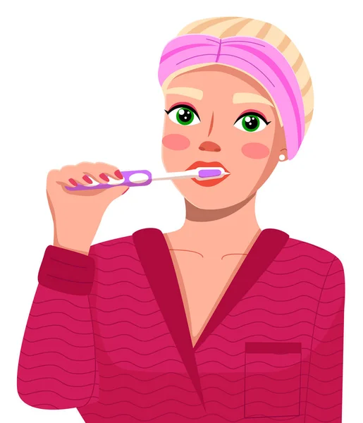Giovane donna bionda caucasica lavarsi i denti. Femmina prendersi cura dei suoi denti su sfondo bianco — Vettoriale Stock