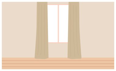Pencere bej perdelerle kapatılmış. Düz vektör çizimi. İç element ışık duvarında izole edildi