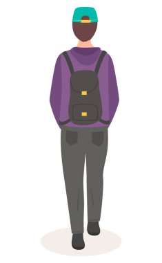 Erkek ya da kadın, kısa saçlı, şapkalı, sırt çantalı, düz saçlı.