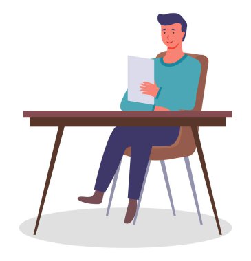 Ofis çalışanı elinde bir belge ile masada. İş adamı ya da işyerinde çalışan bir memur.