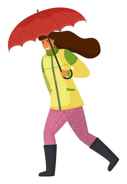 白い背景に隔離された涼しい天候の中で歩く雨の中で赤い傘を持っている女性 — ストックベクタ