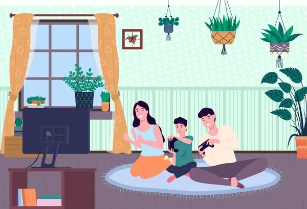 A család videojátékozik. Anya apa és fia játszik gamepad vezérlő, kezében joystick a kezében — Stock Vector