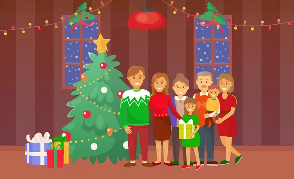 Julfamiljen står vid tallskogen semester — Stock vektor