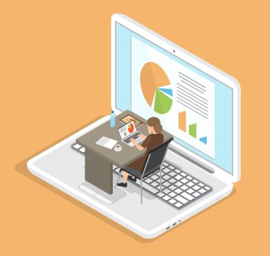 Masada dizüstü bilgisayarı olan bir ofis çalışanı. İş yerinde çalışan iş kadını istatistikleri analiz eder.