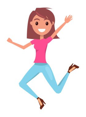 Mutlu kız beyaz arka planda mutlu bir şekilde atlıyor ve gülüyor. Mutluluk ve eğlence kavramı