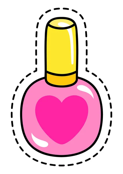 Kulatá růžová lesklá lahvička na nehty se žlutým víčkem. Šablona balení ve stylu karikatury — Stockový vektor