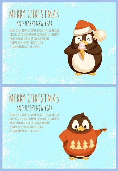 Pingüino en suéter y con helado, Navidad — Vector de stock