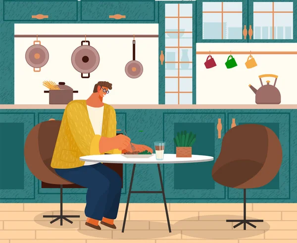 Mužský charakter obědvá, pije čaj a jí salát v interiéru kuchyně s nábytkem — Stockový vektor