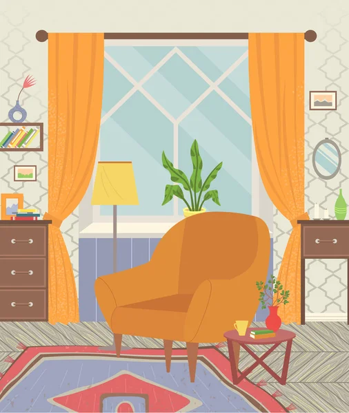 Дизайн мебели в гостиной, современный интерьер дома. удобное кресло на ковре у окна — стоковый вектор