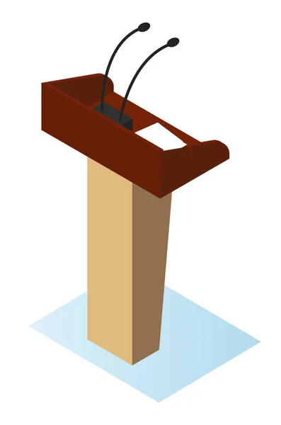 Tribuna in legno podio stand rostro con microfoni piatto illustrazione vettoriale. Piattaforma per la conferenza — Vettoriale Stock