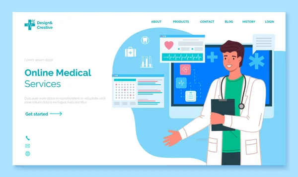 Página de destino dos serviços médicos online. Medicina móvel. Pedido de consulta médica e de saúde —  Vetores de Stock