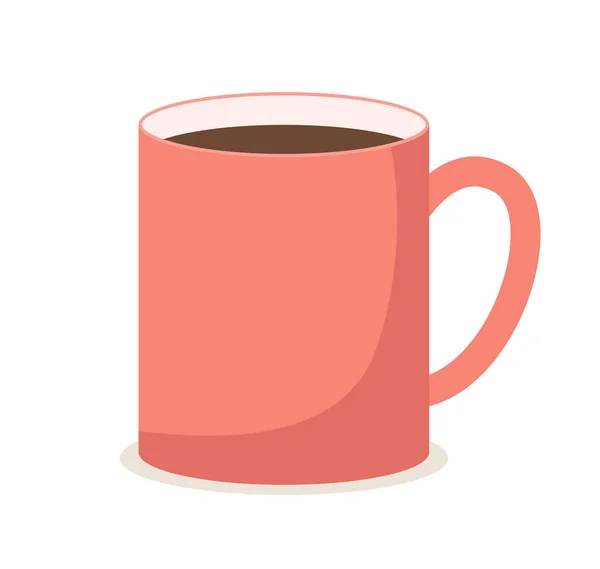 Une tasse rouge vif de forme régulière avec une boisson brune chaude à l'intérieur. Outil à boire avec poignée — Image vectorielle