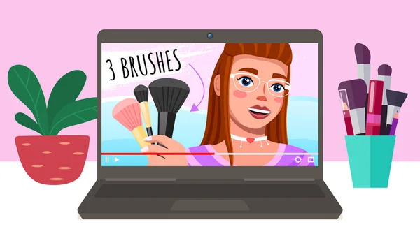 Meisje adverteert met drie make-up borstels. Mooi meisje schildert haar ogen op video. Cosmetisch op tafel — Stockvector