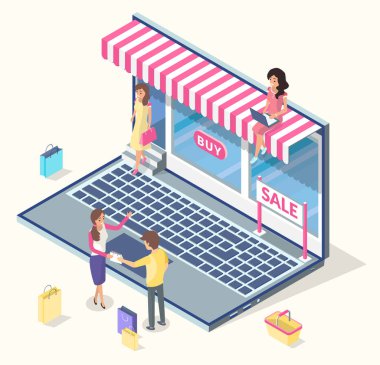 Online shopping, isometric 3d laptop, customers women and men choosing products at website, buying