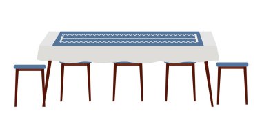 The dining room design flat vector illustration. Dining table with blue tablecloth and chairs nearby
