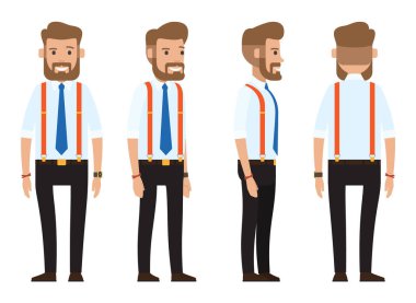 Businessman dresscode, vector cartoon character, businessperson from front, side, back view