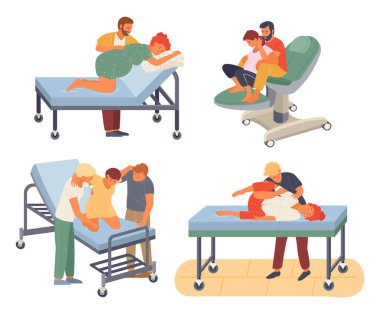 Pregnancy preparing, wife and husband make a position check in different poses scenes set