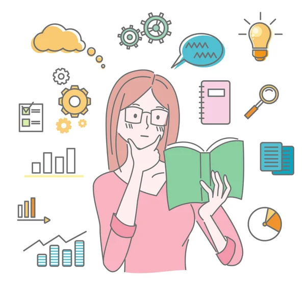 Мальована вручну молода дівчина в окулярах читає бізнес-книгу. Аналізуйте дані. Концепція інформаційних знань — стоковий вектор