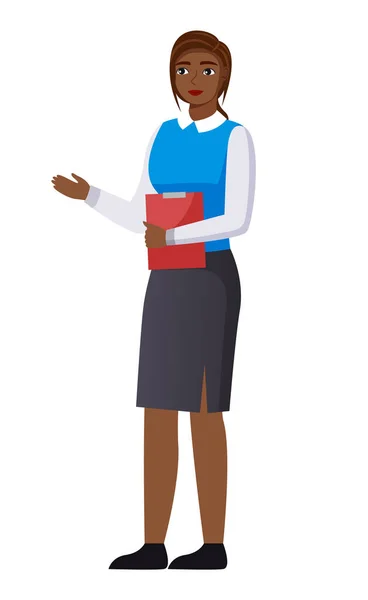 Mujer vectorial vestida formalmente en icono de estilo plano. Personaje femenino de piel oscura aislado en blanco — Archivo Imágenes Vectoriales