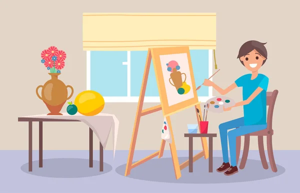 Young guy draws still life on easel, brushes, paints, learning to draw. Stay home. Flat illustration — Stok Vektör