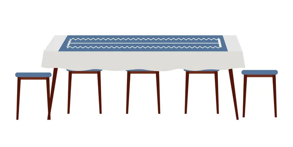 Дизайн столовой плоский векторный рисунок. Обеденный стол с голубой скатертью и стульями поблизости — стоковый вектор